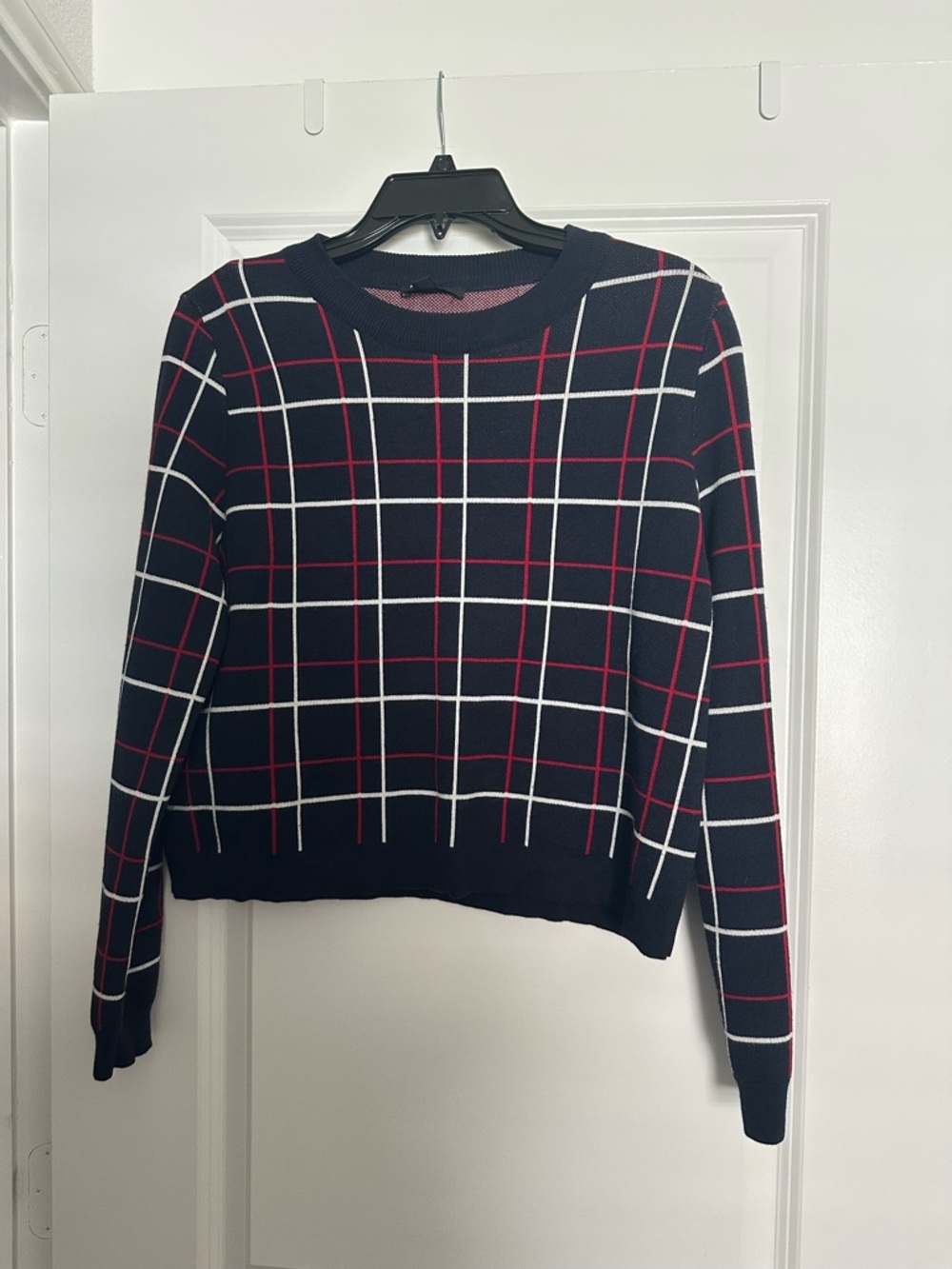 Mango Navy Grid Crewneck Sweater with White and Red Windowpane Size Small